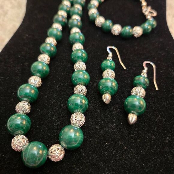 NEW Malachite & Sterling Silver Necklace Set 3 piece - Picture 2 of 11